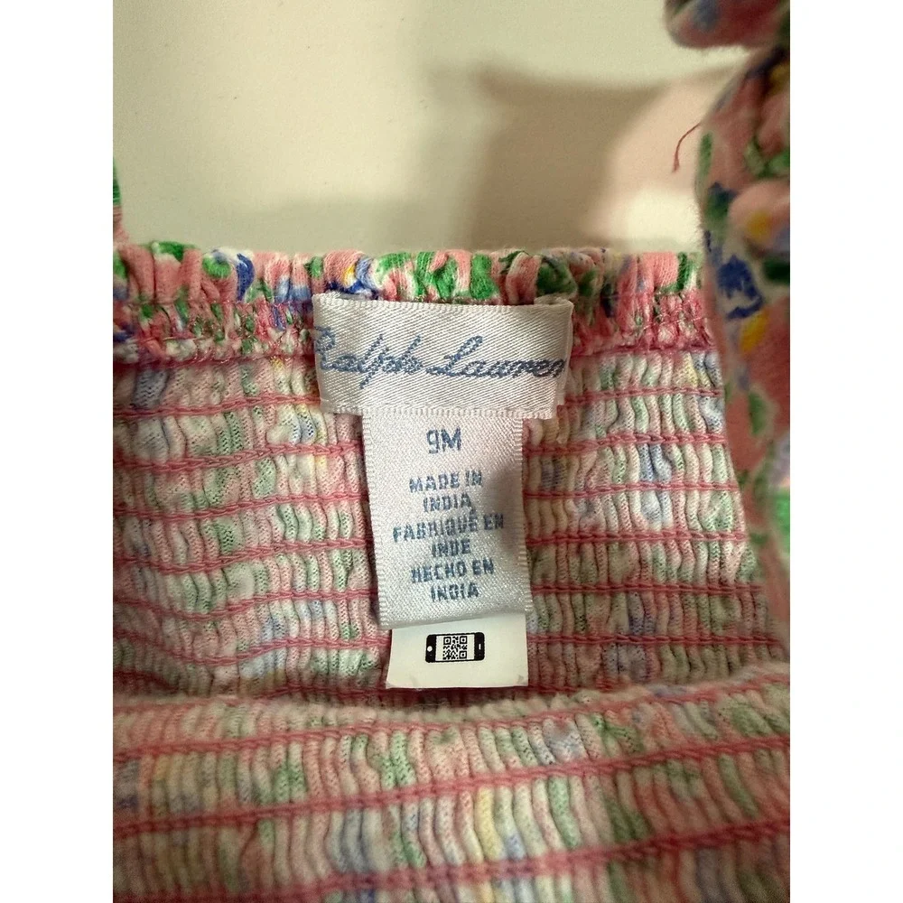 Vintage Ralph Lauren Baby Girls Floral Smocked Sun Dress 9M Cotton Ruffle Strap